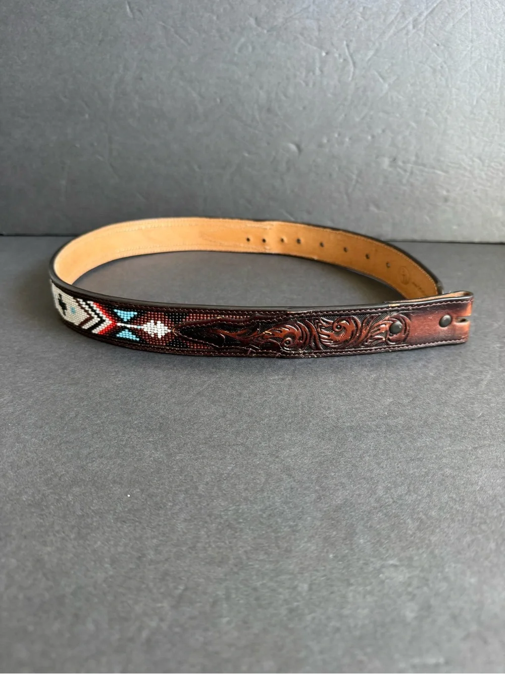 3D Belt Blank Beaded Tooled Brown Leather Western Native Print Unisex Womens 26